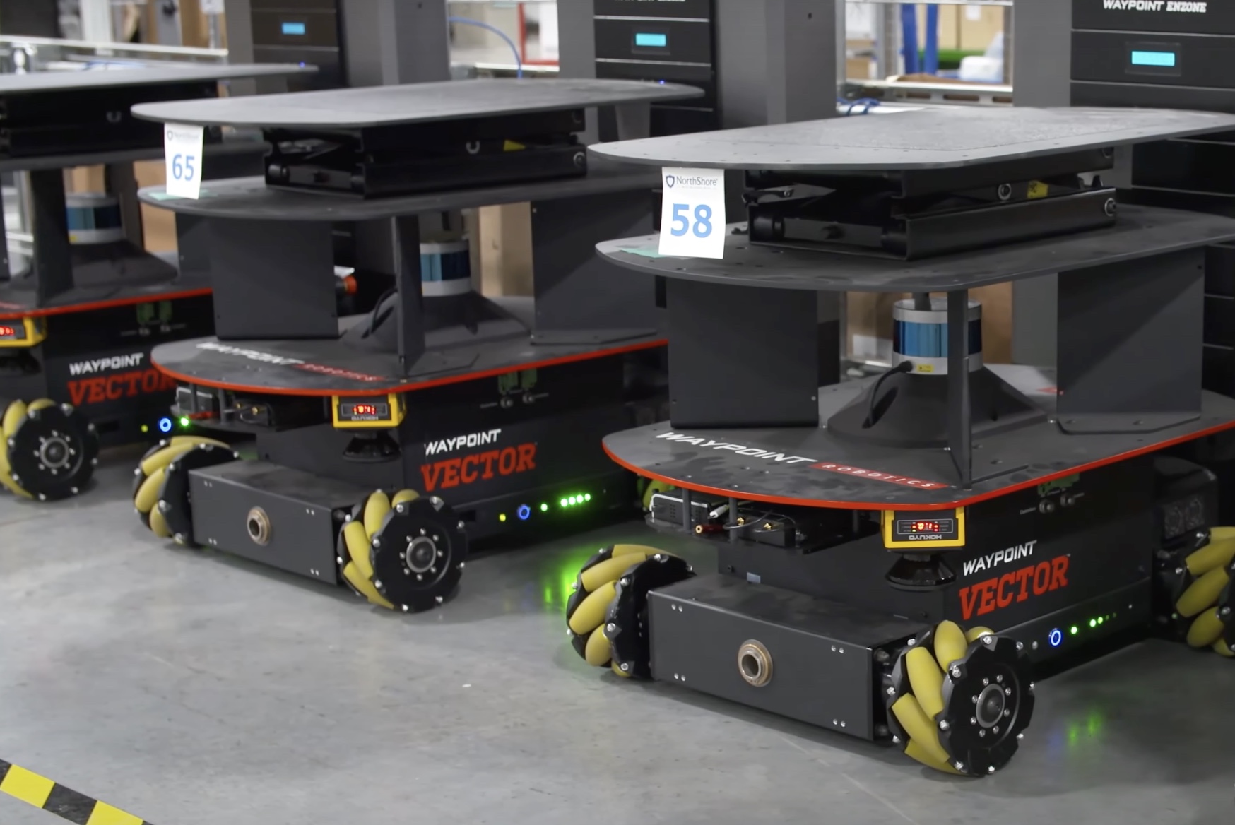 With Kingpin, Vector, a 600 lb payload capacity AMR, or MAV3K, a 3,000 lb payload capacity AMR, can automatically pick up a tote on one side of a factory or warehouse, deliver it to the other side of the facility, and then connect to a cart on the way back to the starting point