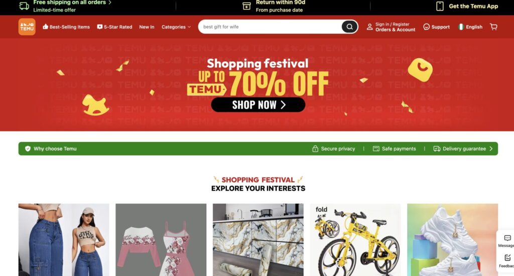 Temu South Africa storefront