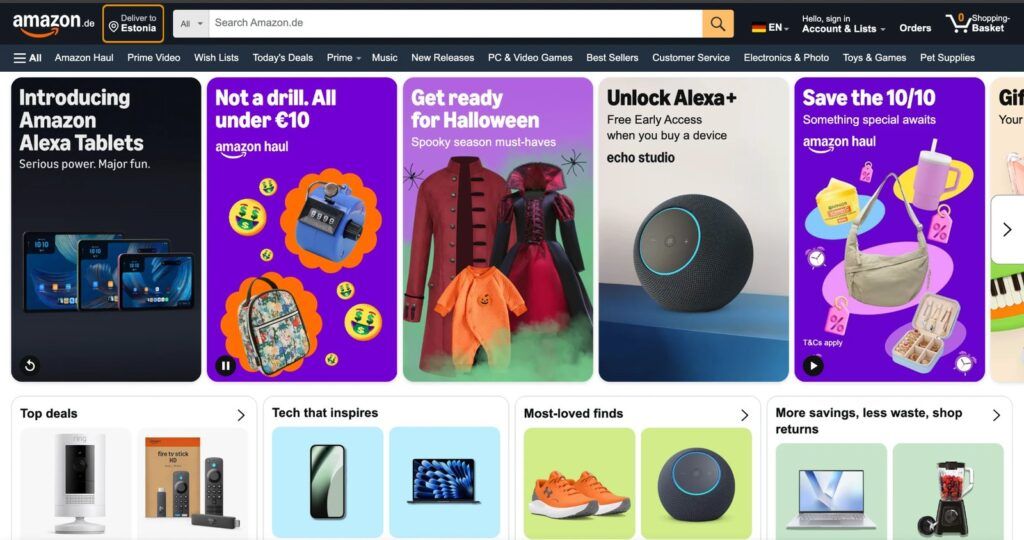 Amazon.de homepage with Amazon Haul deals under €10, Alexa devices, Halloween offers and top deals