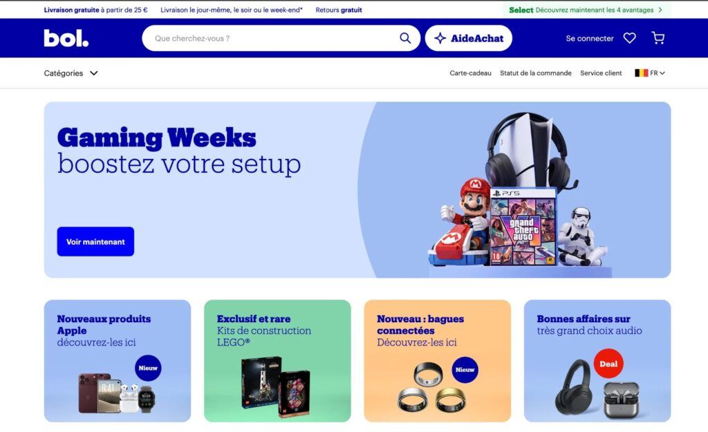 bol homepage in French for Belgian shoppers with Gaming Weeks deals, free delivery from €25, same-day delivery and free returns