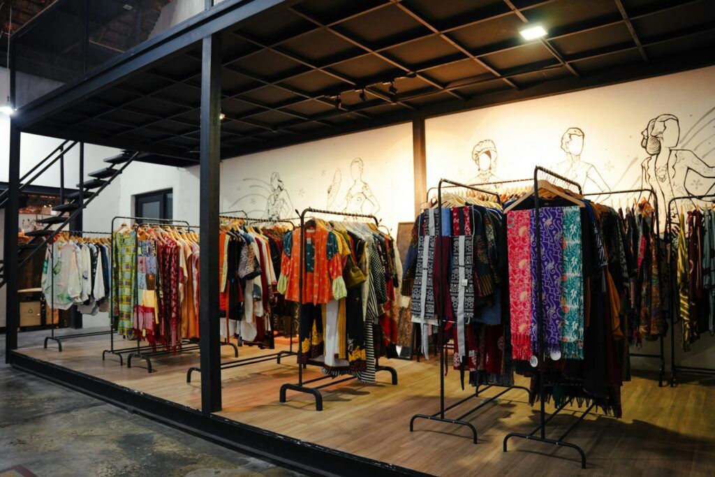 Clothing racks filled with colourful garments in a fashion store