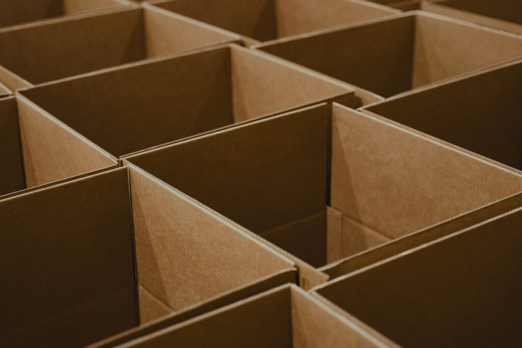 Rows of open, empty cardboard shipping boxes