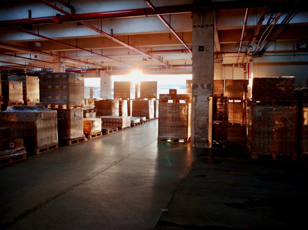 Pallets of goods stored in a warehouse