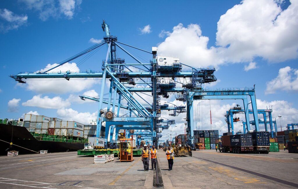 Container cranes and port workers at the Mombasa container terminal