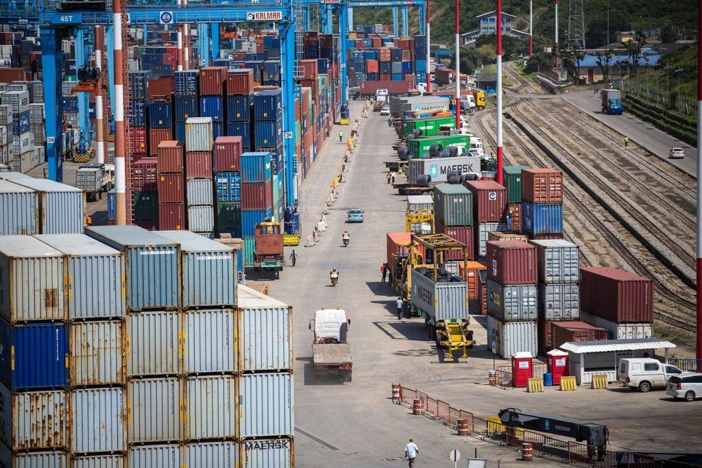Stacked shipping containers and the container yard at the Port of Mombasa