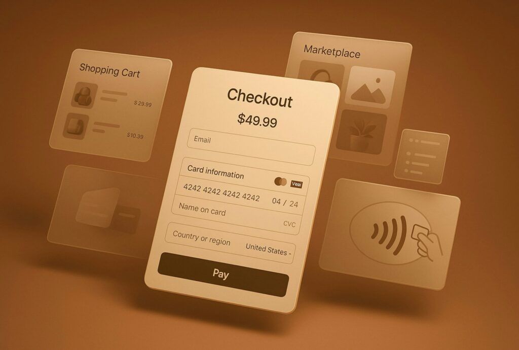 Illustration of an online checkout screen with shopping cart and marketplace panels