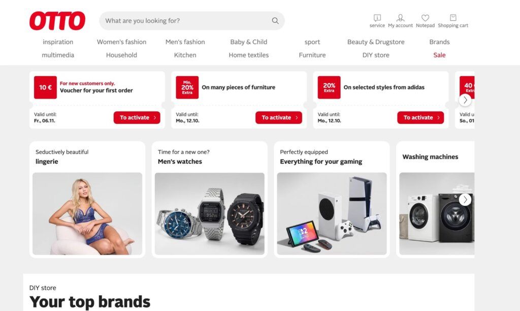 OTTO.de homepage with fashion, home, furniture, multimedia and DIY categories, new-customer vouchers and gaming and household deals