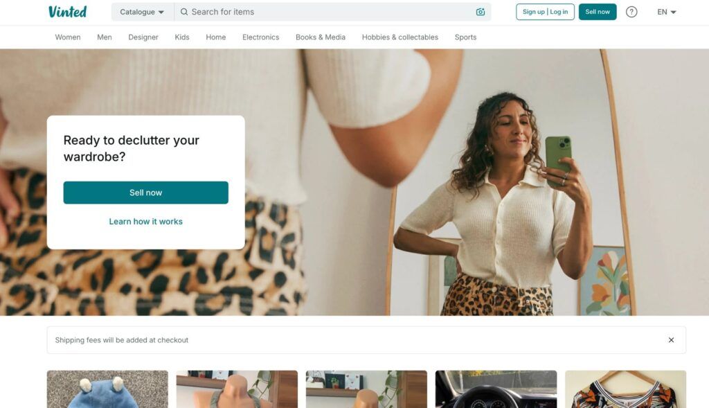 Vinted homepage with a Sell now button and categories from fashion to home, electronics, books and sports