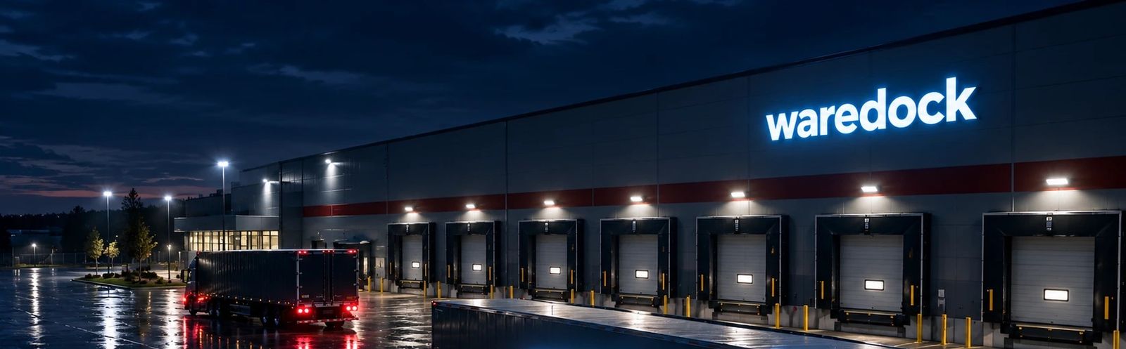 Waredock warehouse at night with a row of loading docks, an illuminated logo and a truck in the yard