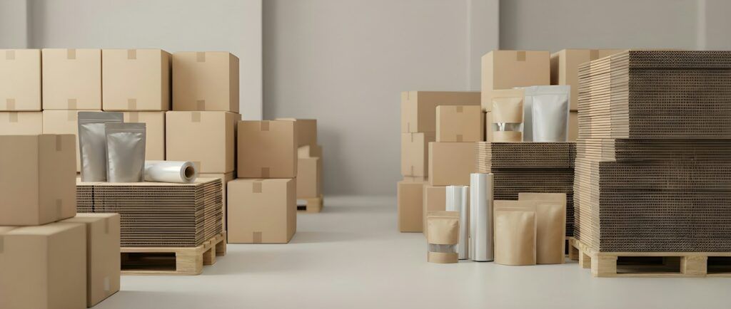 Warehouse with cardboard boxes, pallets and packaging supplies ready for shipping