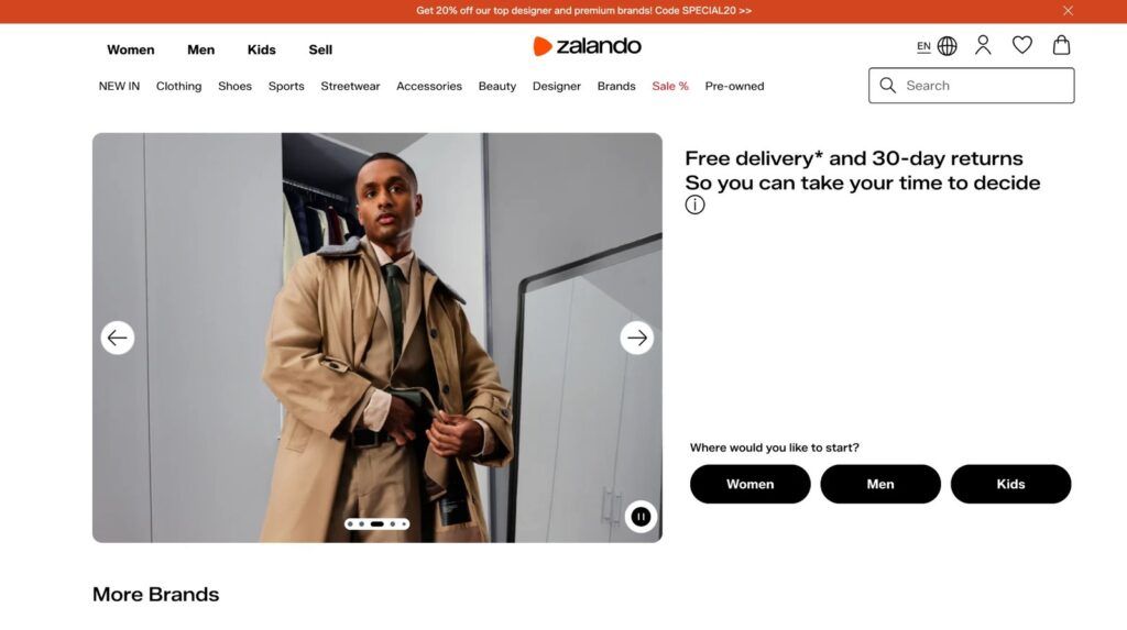 Zalando homepage with women, men and kids fashion, a pre-owned section and free delivery with 30-day returns